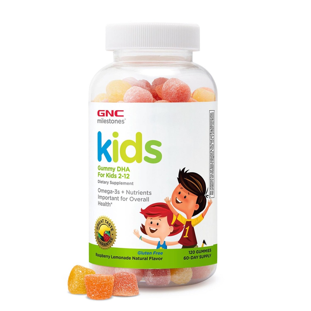 GNC Milestones Kids DHA Gummies, Kids Ages 2-12, Omega-3s, Eye and Brain Function & Development, Vitamin A & D, Healthy Teeth & Bones, Gluten Free, No Artificial Flavors, Raspberry Lemon, 120 Gummies