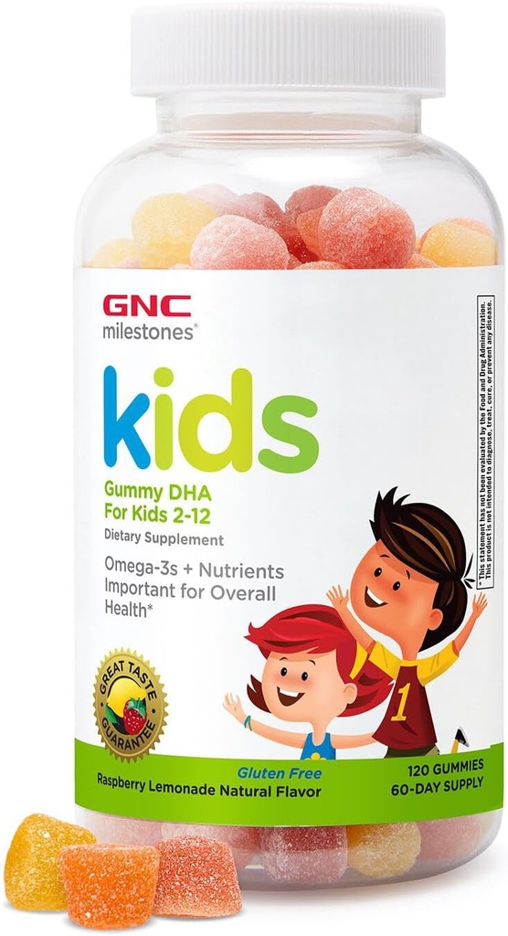 GNC Milestones Kids DHA Gummies, Kids Ages 2-12, Omega-3s, Eye and Brain Function " Development, Vitamin A " D, Healthy Teeth " Bones, Gluten Free, no Artificial Flavors, Raspberry Lemon, 120 Gummies