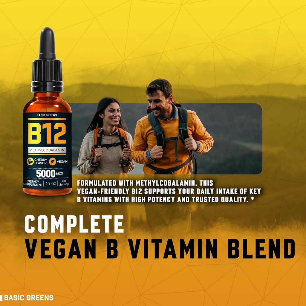 维生素B12 亚语液体滴水量 5000 mcg – Vegan Methy B-12 能量和焦点补充 – B 12 男女维生素 – 快速吸收 甲基Cobalamin – 120 服务 – 4 fl oz