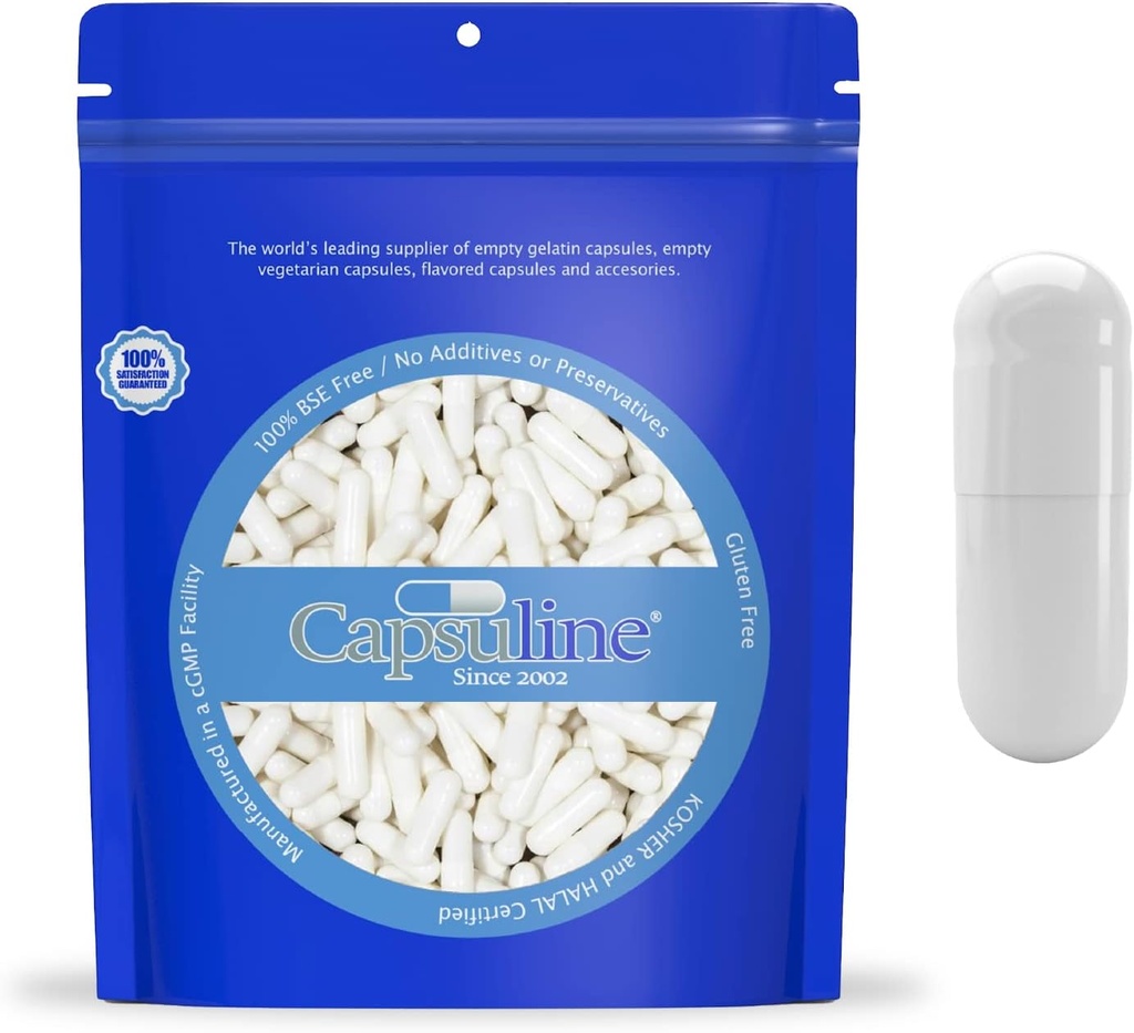 Capsuline Size 000 - Färgade White Empty Gelatin Capsules - 10000 Count - Empty Gel Pill Capsules - DIY Pure Bovine Pill Capsule Fyllning - Tomma Caps - Kosher och Halal Certified - Non-GMO Certified
