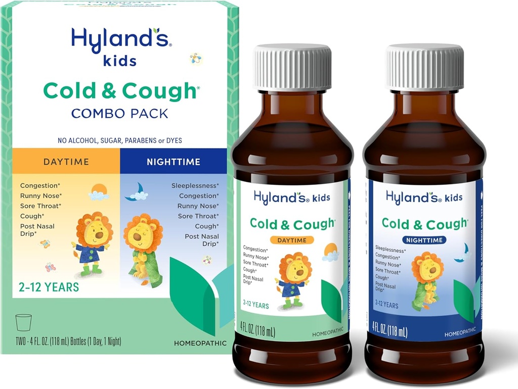 הילדים של Hyland קר ו- Cough, יום ולילה Combo Pack, תרופות קרות בימי שני ומעלה, Syrup Cough Medicine for Kids, Nasal Decongestant, 4 Fl Oz (Pack of 2)