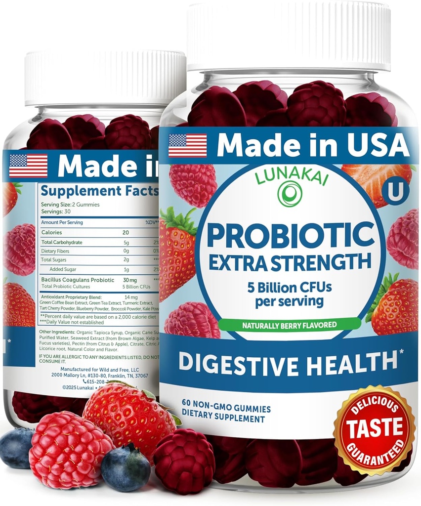 Lunakai SUA Made Probiotic Gummies - 5 miliarde CFU, Vegan, Non-GMO, Gluten-Free - Digestive & Immune Support for Women & Men - 60 Chewable Gummies