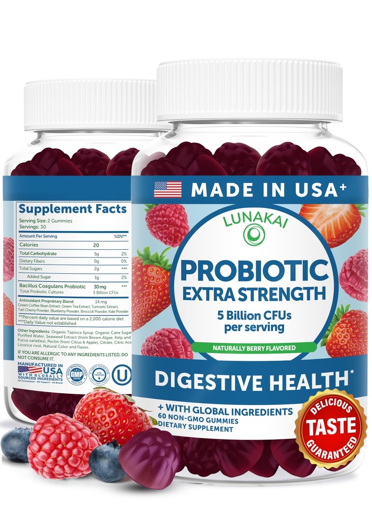 Lunakai USA Made Probiotic Gummies - 5 Billion CFUs, Vegan, Non-GMO, Gluten-Free - Digestive & Immune Support for Women & Men - 60 Chewable Gummies