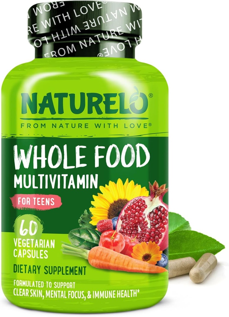 NATURELO Multivitamíny pro dospívající dívky / chlapci, 60 Kapsle, Celé jídlo Multivitamin s minerály, Non- GMO, Vegetariánské