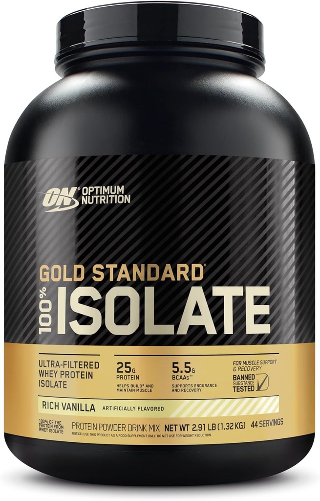 Optimum Nutrition Gold Standard 100% Izolat, Pulbere de proteine, Vanilie bogata, 2.91 Lire, 44 Servings. Izolat de proteine (Packing May Vary)