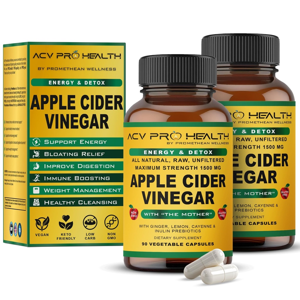Promethean Wellness 2-PK (180 Count) ACV Pro Apple Cider Vinegar Capsules Certified Organic with Mother ACV Pills Detox Cleanse Acid Reflux Relief Support Supplement Ginger Root Cayenne Pepper Powder