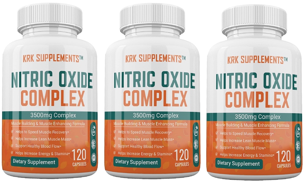 KRK SUPPLEMENTS 3 Bottles Nitric Oxide Complex 3500mg Per Serving L-Arginine HCL AAKG AKG Alpha Ketoglutarate Citrulline Malate 360 Total Capsules