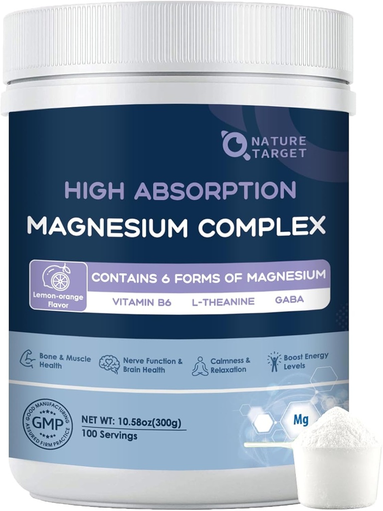 NATURE TARGET Magnesium Powder Supplement med Glycinate, Citrate, Malate, Magnesium Complex med L-Theanine & Vitamin B6 för Muscle, Heart & Brain, Vegan, 10,58 oz (100 portioner), Lemon Orange smak