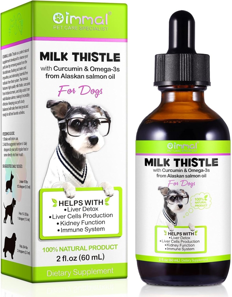 Melke Thistle for hunder, Hunde lever støtte dråper - Hunde Melke Thistle hjelper hund Liver Detox, Pet Supplement behandler med lakseolje, Curcumin C3 Complex og Omega 3 EPA & DHA, Bacon Flavor - 2 floz