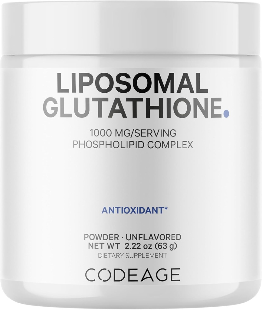 אבקת Codeage Liposomal Glutathione - 1000 מ"ג טבעוני מופחת L-Glutathione לכל המשרת, Liposomal Delivery - 2 Monteh אספקה - Unflaved - Phospholipid - non-GMO Gluten-Free - 2.22 Oz