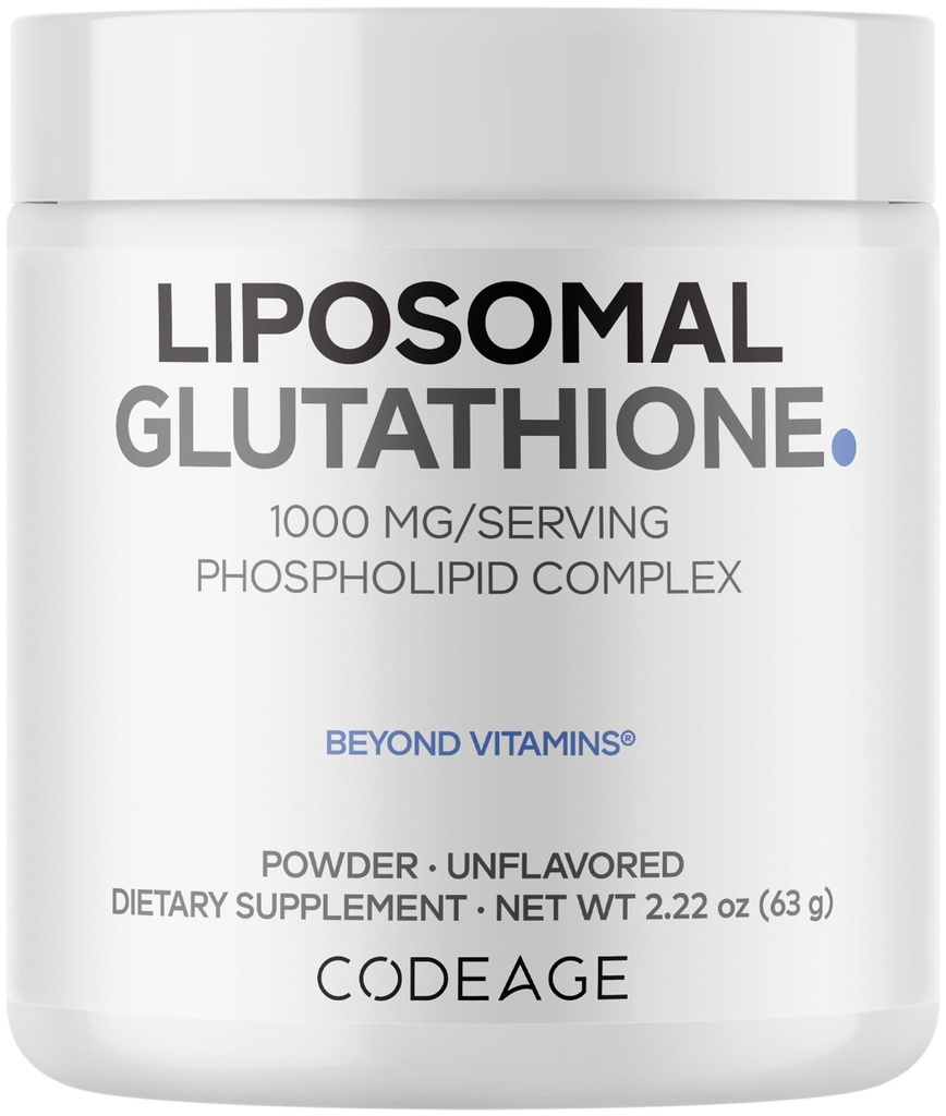 Codeage Liposomal Glutathione Powder - 1,000 mg Vegan Reduced L-Glutathione per Serving, Liposomal Delivery - 2-Month Supply - Unflavored - Phospholipid - Non-GMO Gluten-Free - 2.22 Oz