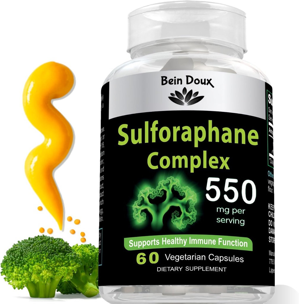 550 מ"ג תוסף Sulforaphane עם Glucoraphanin ו Myrosinase | תוסף ברוקולי - שלם NRF2 Activator, Powerful Antioxidant & Health | 60 קפסולות צמחוניות