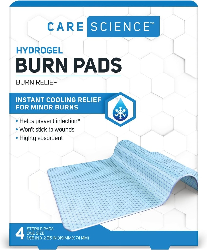 Care Science Hydrogel Sterile Burn Dressing Bandage Pads for Burn Relief, 4 ct ® 124; Momentinio aušinimo pagalba smulkiems degimams ir bangoms