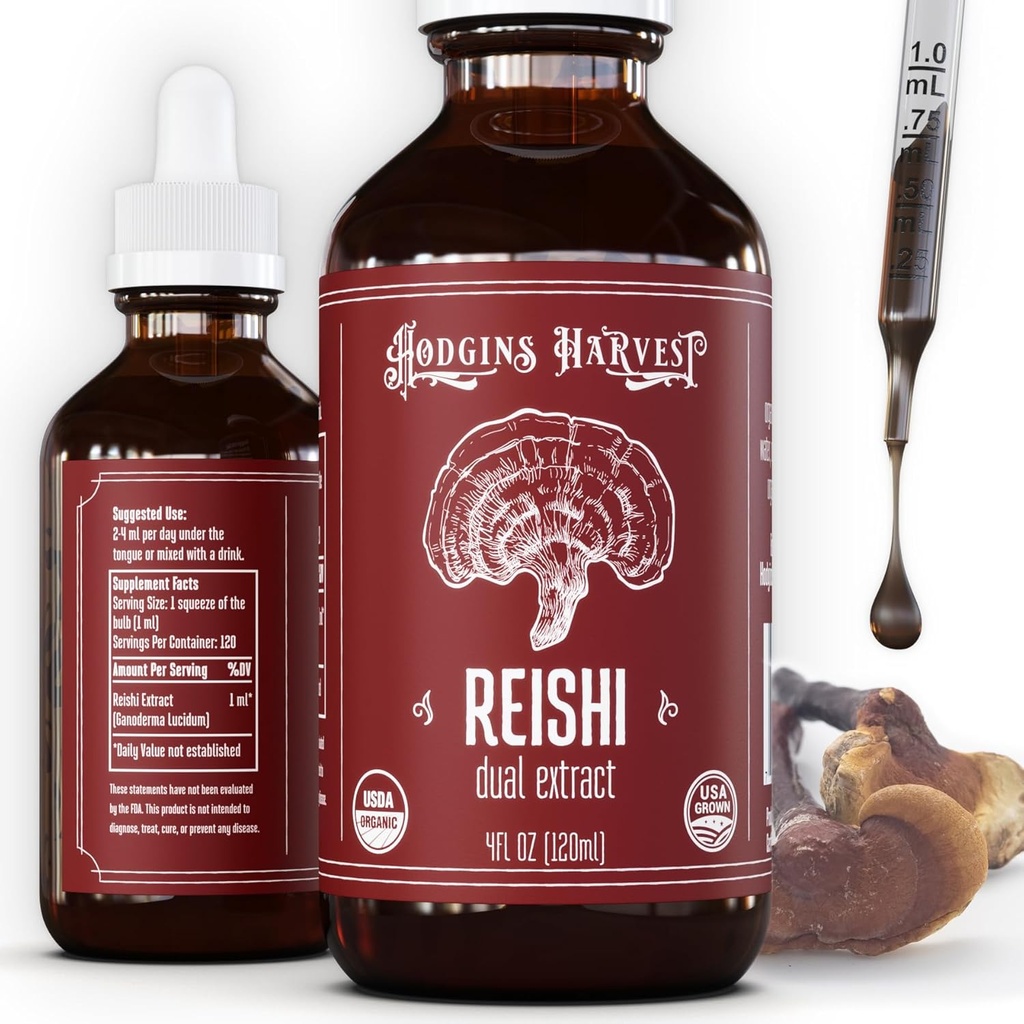 Hodgins Harvest Reishi Mushroom Fruiting Body Extract Taincture - Ekstra Dual Extract Suplemen - Mendukung Kesehatan Hati & Wellness - USDA Jamur Organik - 4 oz