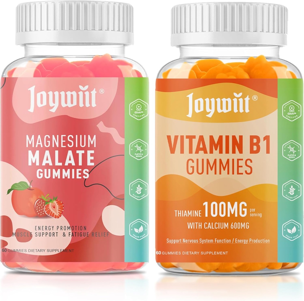 Magnesium Malate + L-Theanine + CoQ10 + B6 (Strawberry) & Thiamine B1 + Кальцій (Orange) Gummies, Стрес-реліф, Енергетика, Nerve & Bone Support, Vegan Non-GMO, 120 Chewables (2×60)