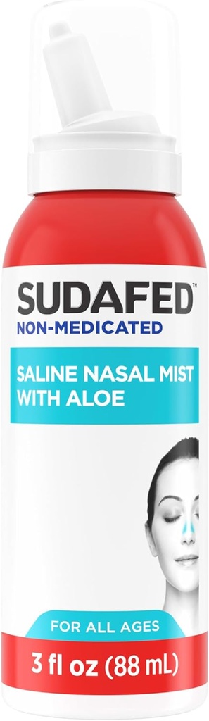 Sudafed Non-Medicated Saline Nasal Mist s Aloe, Sinus Saline Nose Spray pro všechny věkové doby Rychle splachuje & Moisturizes Nasal Passages, Použít Nasal Mist jako často jak je třeba, Drog- Free, 3 fl. oz