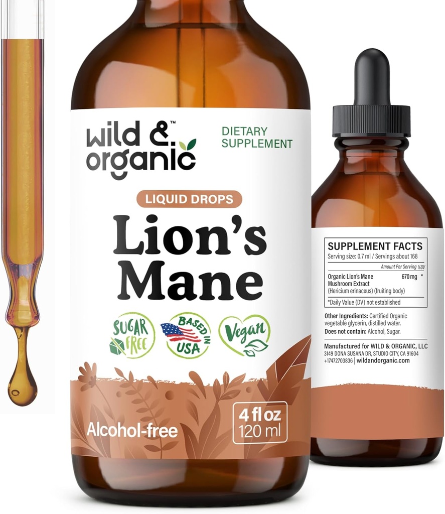 Wild & Organic Lions Mane Liquid Drops - Brain & Focus Support - Lion's Mane Mushroom Supplement - Hericium Erinaceus Mushroom Drops - Vegan, Sugar & Alkoholfri Extract Tincture - 4 fl oz
