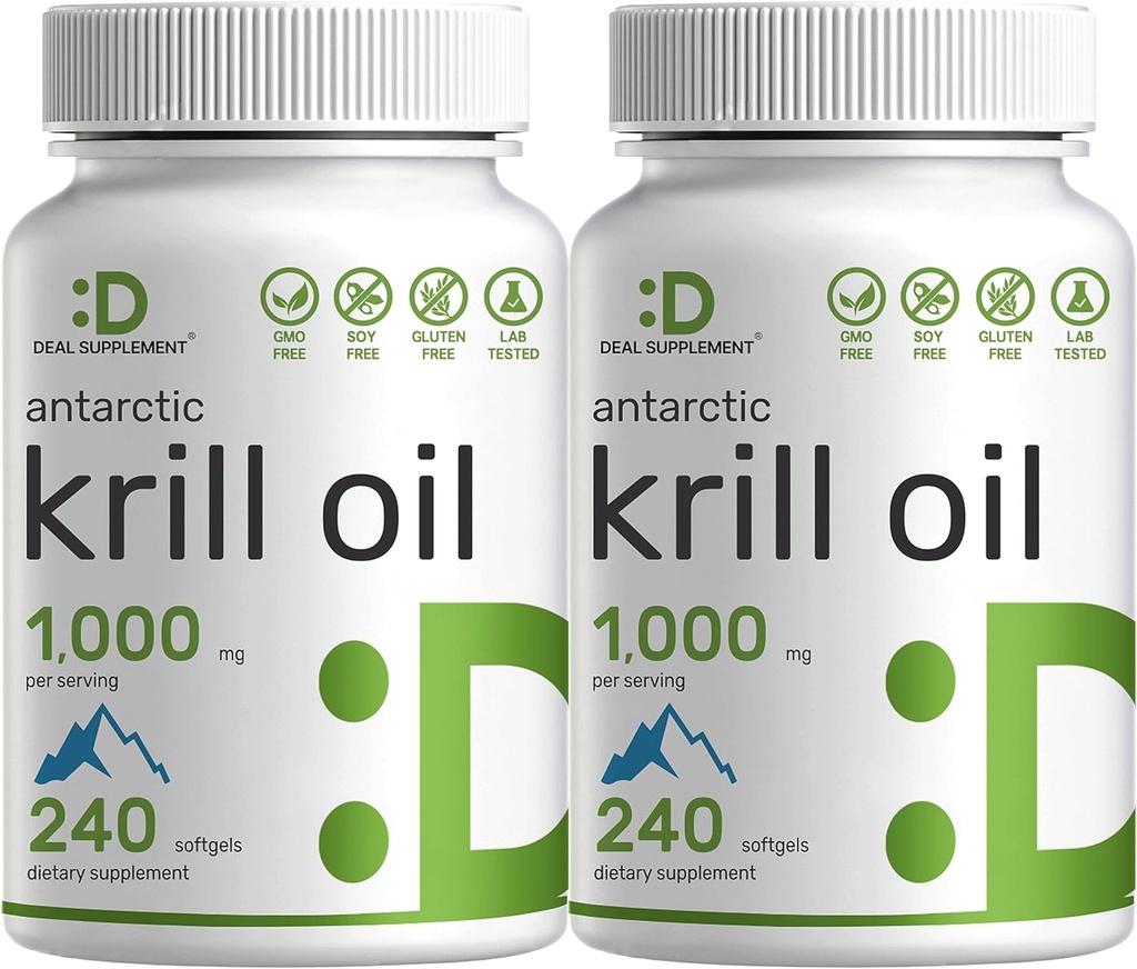 DEAL SUPPLEMENT 2 Pack Antarktis Krillöl, 1000mg Per Serving, 480 Softgels – Mercury Free, No Fishy Taste – Rich in Omega-3s, EPA, DHA, Astaxanthin, & Phospholipide – Non-GMO, No Gluten