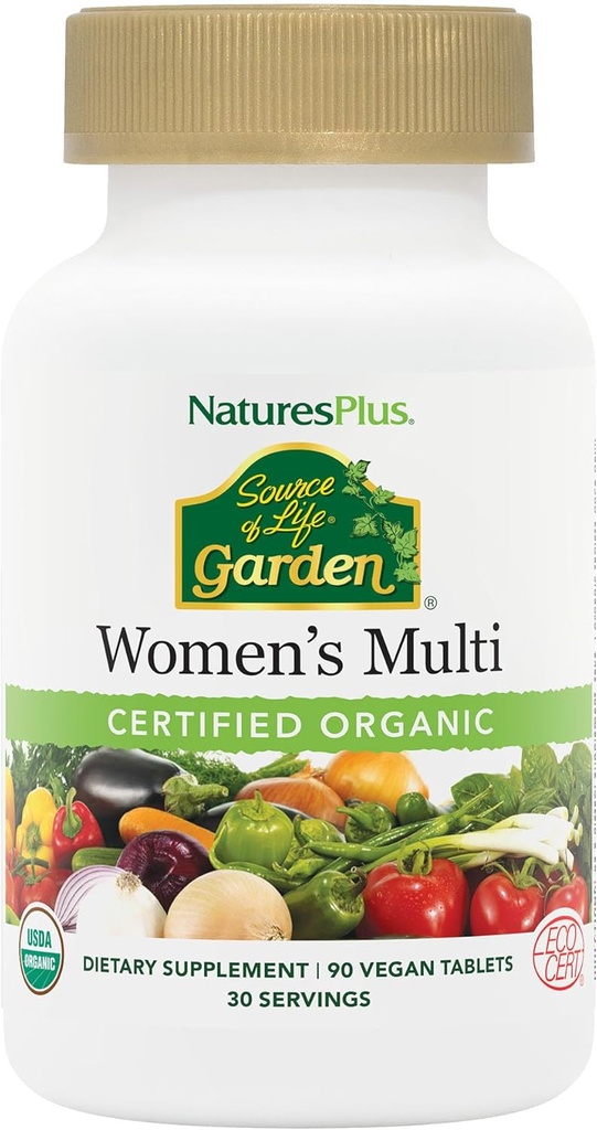 NaturesPlus Source of Life Garden Organic Women's Multivitamin - Pure, Natural Whole Food Ingredients - 90 Vegan Tablets (30 zerbitzatu)