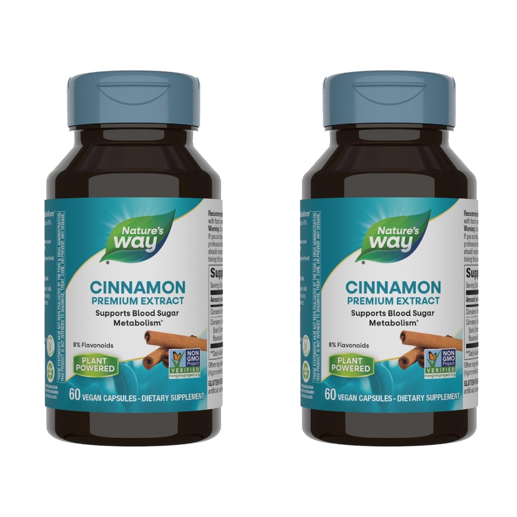 Nature's Way Cinnamon Premium Extract, Supports Carbohydrate Metabolism*, Non-GMO Project Verified, Standardized to 8% Flavonoids, 60 Vegan Capsules (Packaging May Vary) - 2 Pack