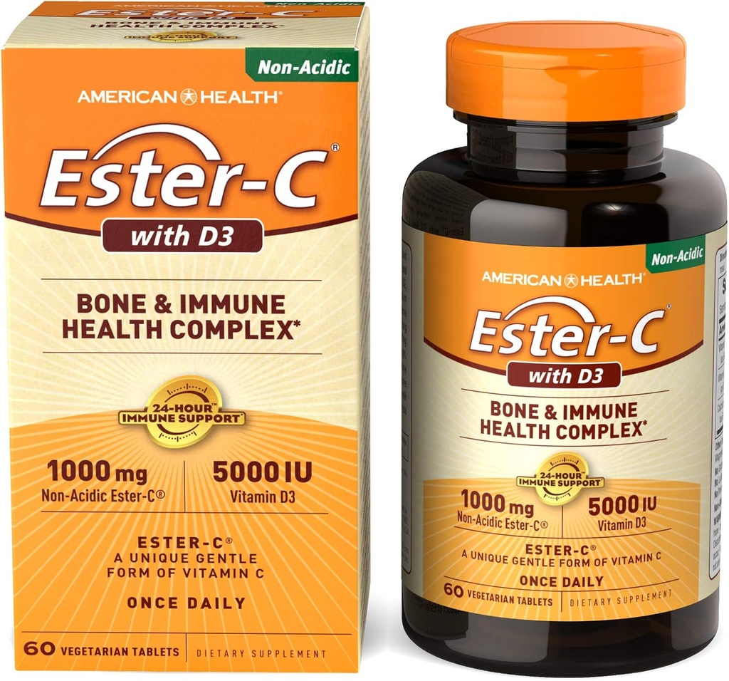 American Health EsterC with D3 Bone Immune Complex Vegetarian Tablets 24 Saat Immune Support 1000 mg EsterC 5000 IU Vitamin D3 NonAcidic Vitamin C Servisleri, 60 Count