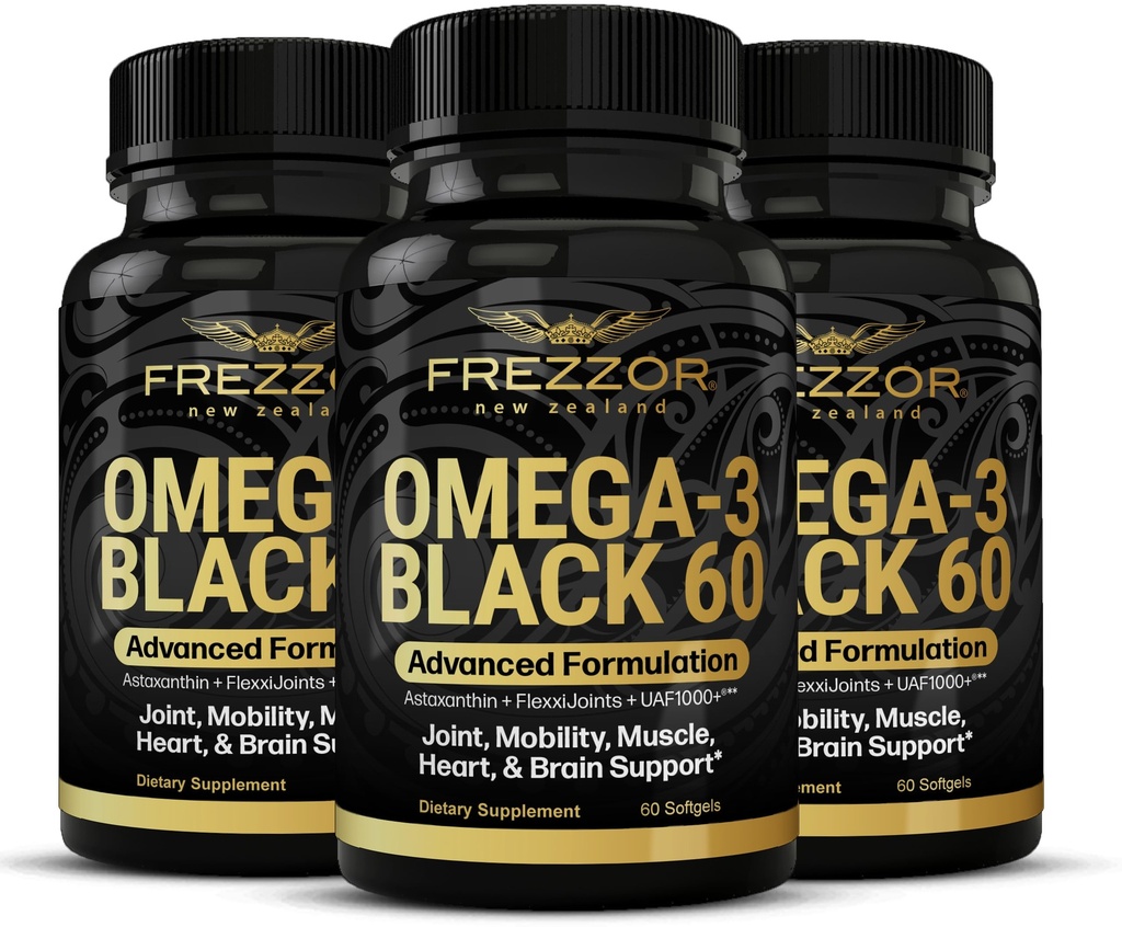 FREZZOR Omega 3 Black for Joint Care & Comfort - New Zealand Green Lipped Mussel Oil Capsules; 53x Higher Potency with UAF1000+ Super Antioxidant, No Fishy Aftertaste, 60 Count (Pack of 3)