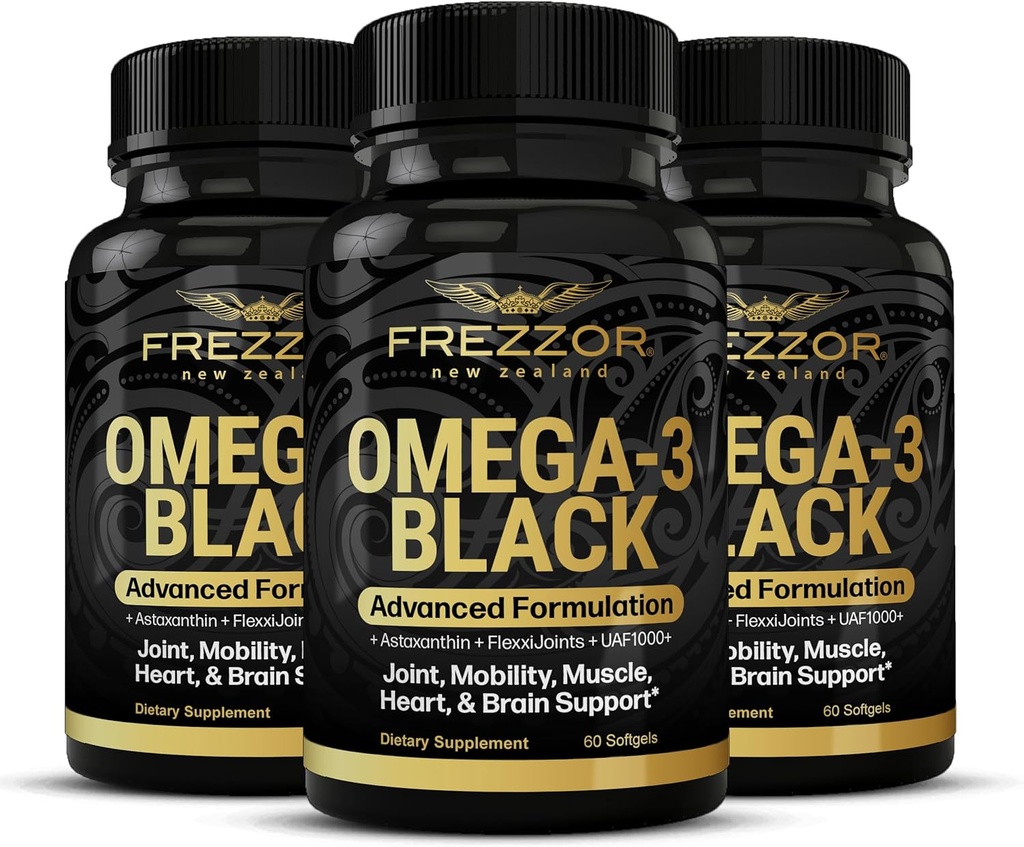FREZZOR Omega 3 Black for Joint Care & Comfort - Novas cápsulas de aceite de mexillón verde; 53x maior potencia con UAF1000+ Super Antioxidante, Non Fishy Aftertaste, 60 Count (Pack of 3)