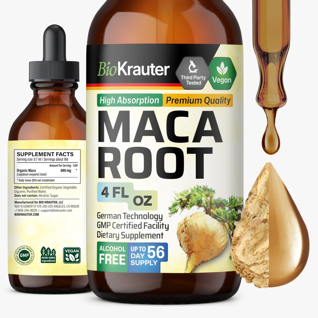 BIO KRAUTER® Maca Root for Women and Men - Vegan Maca Root Liquid Drops 680 mg for Drive, Performance & Energy Support - 4 Fl.Oz., 56-Day Supply, Non-GMO, Alcohol & Sugar Free Herbal Supplements