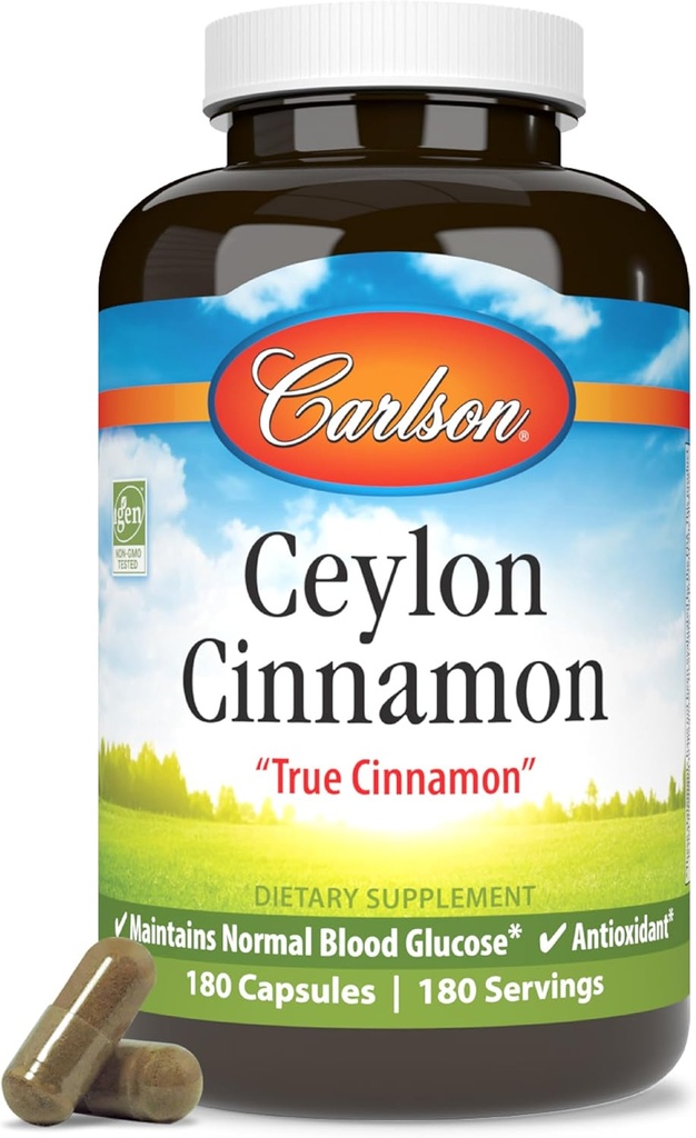 Carlson - Ceylon Cinnamon, Kanelilisät, 500 mg, Kaneliuutepillerit, Ceylon Cinnamon kapselit, 180 kapselia