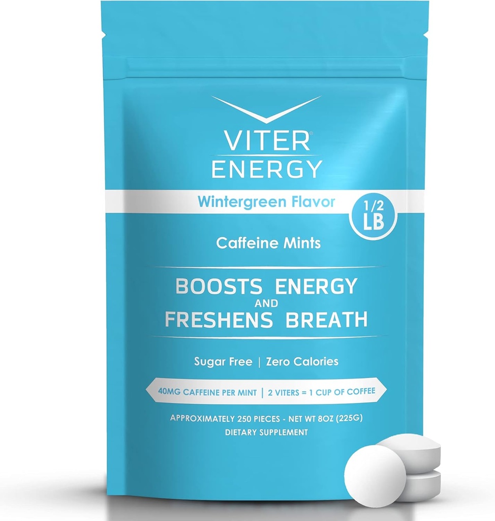 Viter Energy 40mg Cafeïnemuntjes - Suikervrij, B Vitaminen, Vegan, Boosts Fast Energized Alert Focus, Cafeïnated Nootropic Supplement Pillen (Wintergroene smaak, 8oz, Bulk Bag)
