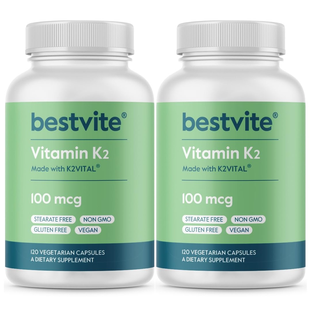 BESTVITE Vitamin K2 100 mcg as MK-7 (240 Vegetarian Capsules)(120x2) - No Stearates - Vegan - Non GMO - Gluten Free