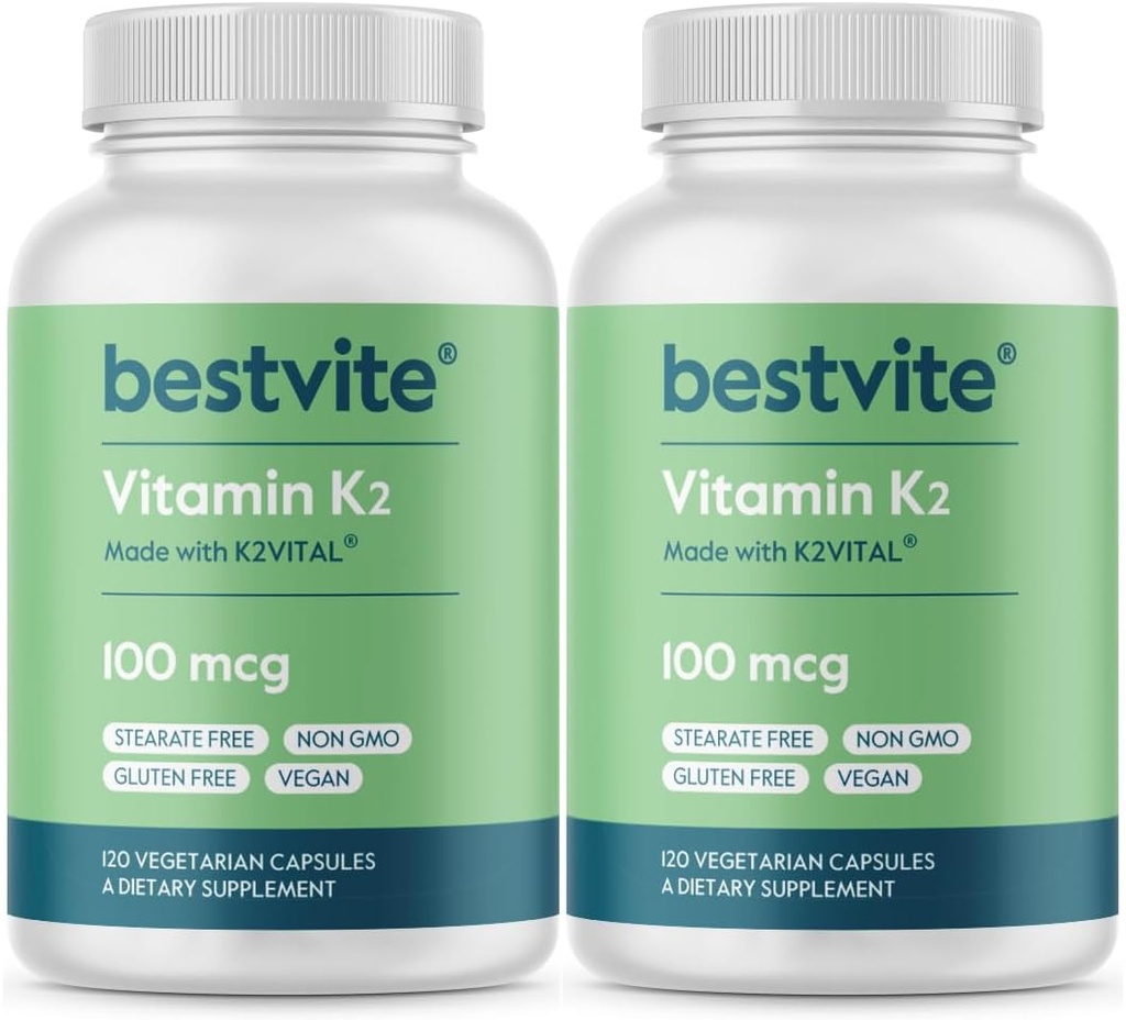 BESTVITE Vitaminas K2 100 mikrogramų MK- 7 (240 Vegetariškų kapsulių) (120x2) - No Stearates - Vegan - Non GMO - Gluten Free