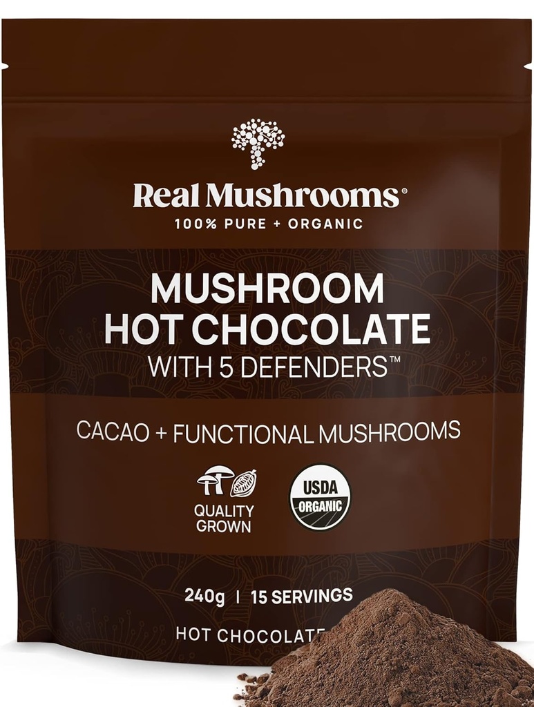 Real Cogumelos Orgânico Hot Chocolate Mix com Reishi, Turkey Tail, Chaga, Shiitake, Maitake – Cacao Powder Organic Mushroom– 5 Defenders Mushroom Cacao Powder, Vegan, Gluten-Free, 15 Servings