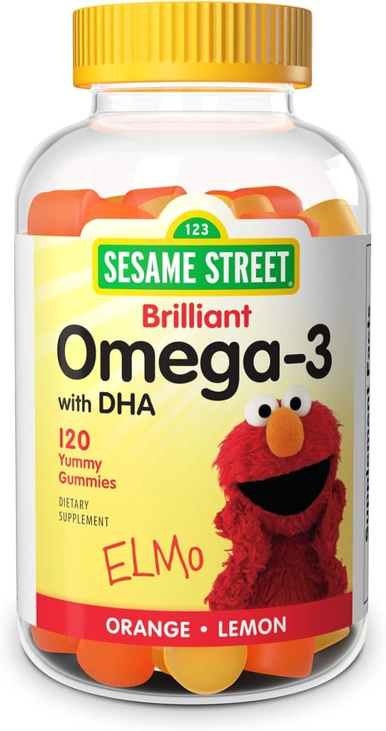 Sesame Street Omega 3 Gummies pentru copii, 50 mg de Omega-3 per Gummy, 4 Luna de aprovizionare, Fără gust de pește, Shellfish supliment gratuit, Brain & Eye Support, 120 Gummies