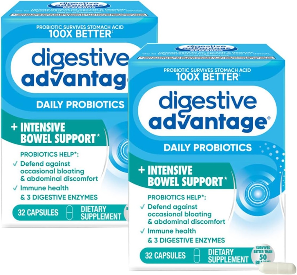 יתרון מופרז Intensive Bowel תומך Probiotic Defends נגד Gas & Bloating, 32 Count כמוסות (2 Pack)