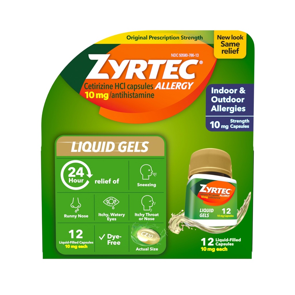 Zyrtec 24-Hour Allergy Relief Liquid Gels, 10 mg Cetirizine HCl, 12 ct | Indoor & Outdoor Allergy Medicine, Antihistamine Capsules for All-Day Relief, Runny Nose, Sneezing, Itchy Eyes