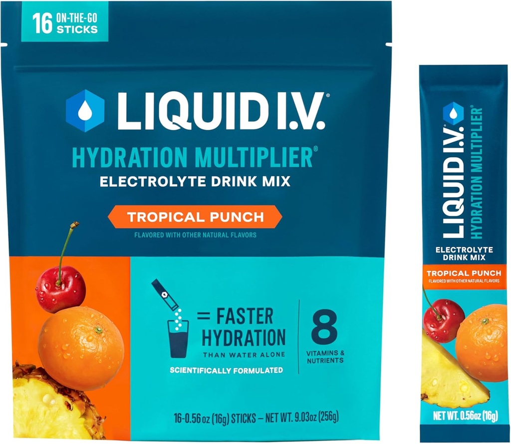 Liquid I.V. ® Hydration Multiplier ® - Tropical Punch - Hydration Powder Packets S124; Electrolyte Powder Drink Mix S124; Pohodlné jednoúčelové klacky S124; Non- GMO S124; 16 Servingů (balení po 12)