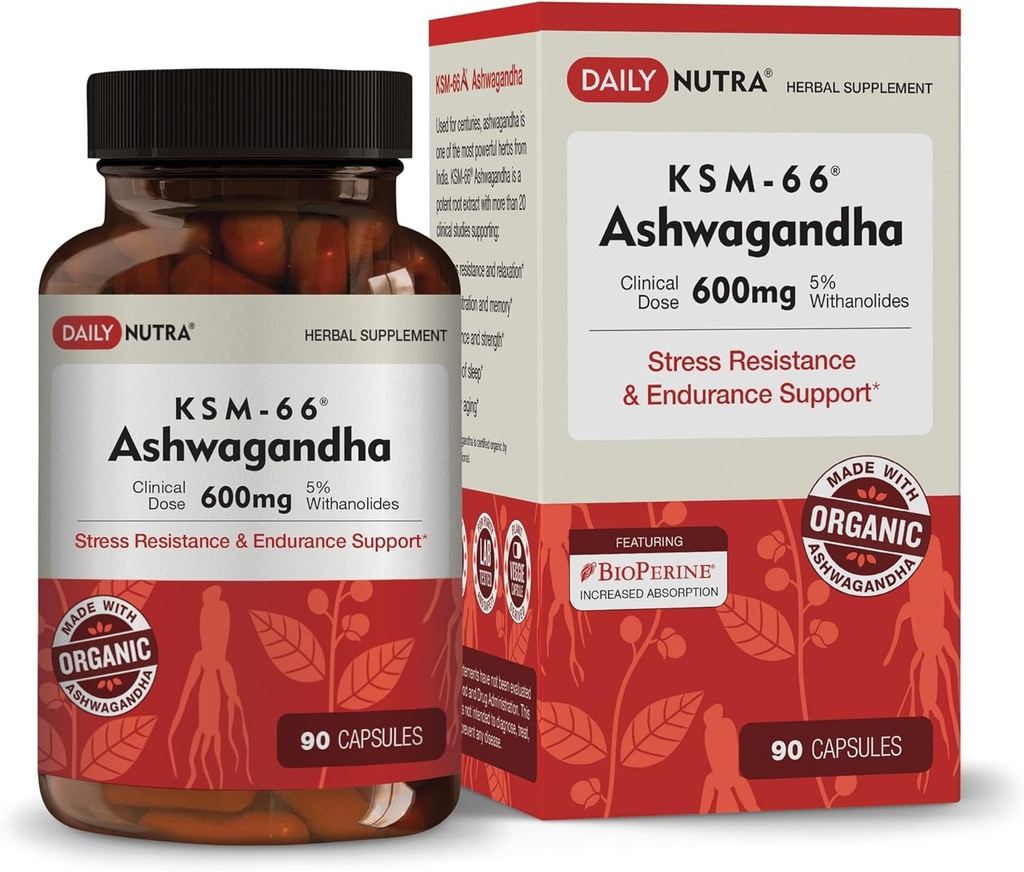DailyNutra KSM-66 Ashwagandha 600mg Organic Root Extract - High Potency Supplement met 5% Withanolides 