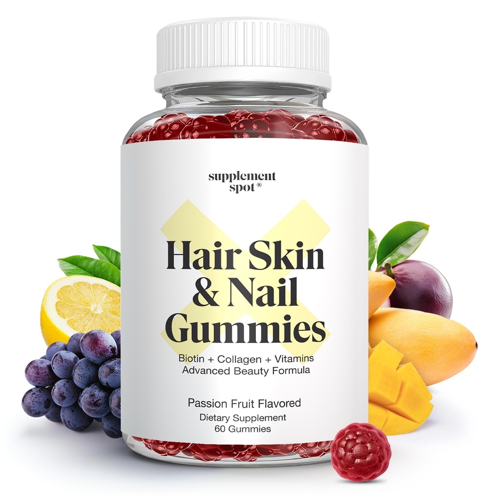 Hair Skin and Nails Vitamins, 6000 mcg Biotin Gummies w/Collagen, Passion Fruit Flavored Hair Vitamins, Gluten Free Collagen Supplements (60 Count)