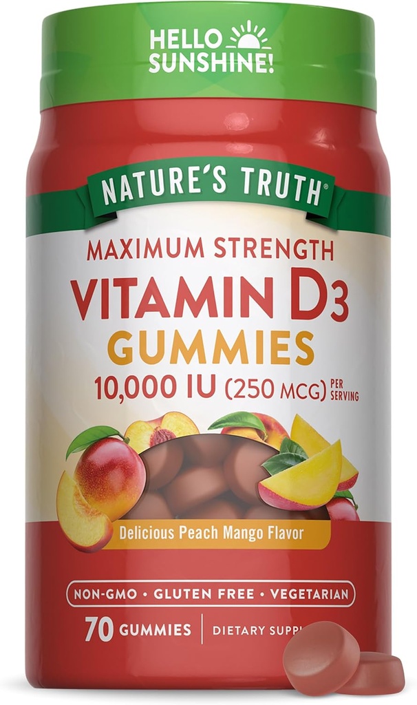 Nature 's Truth Vitamin D3 Gummies 124.000 IU 124; 70 Count 124; Peach Mango Flavor 124; Vegetarian, Non- GMO & Gluten Free Suplemen