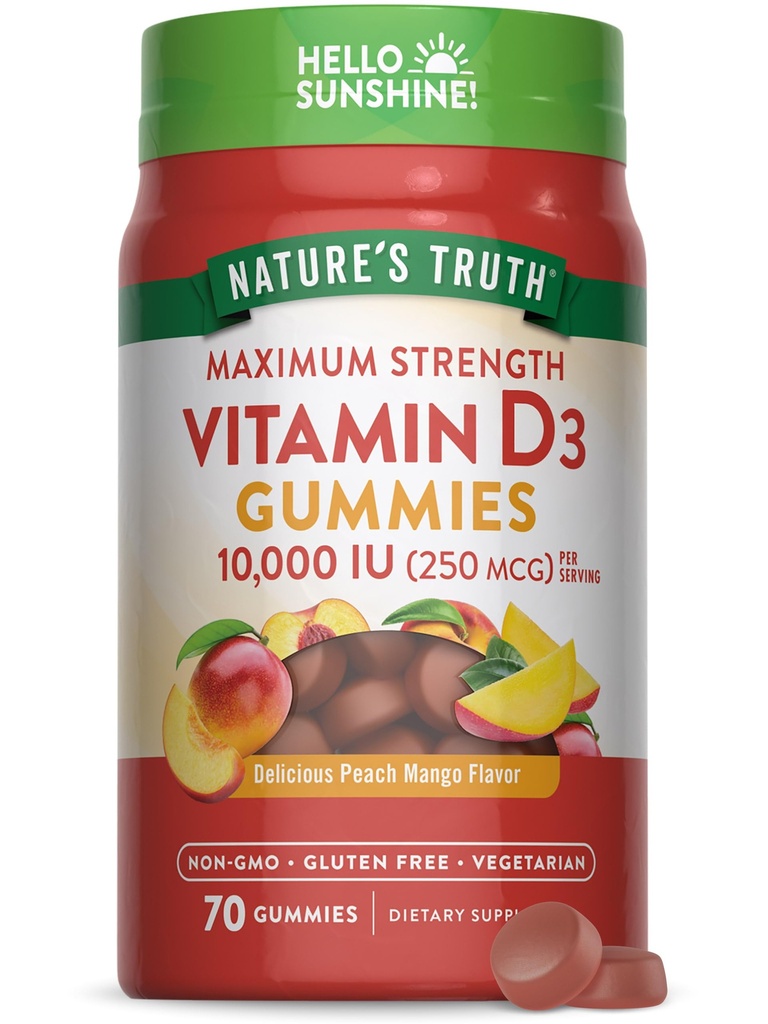Nature's Truth Vitamin D3 Gummies | 10000 IU | 70 Count | Peach Mango Flavor | Vegetarian, Non-GMO & Gluten Free Supplement