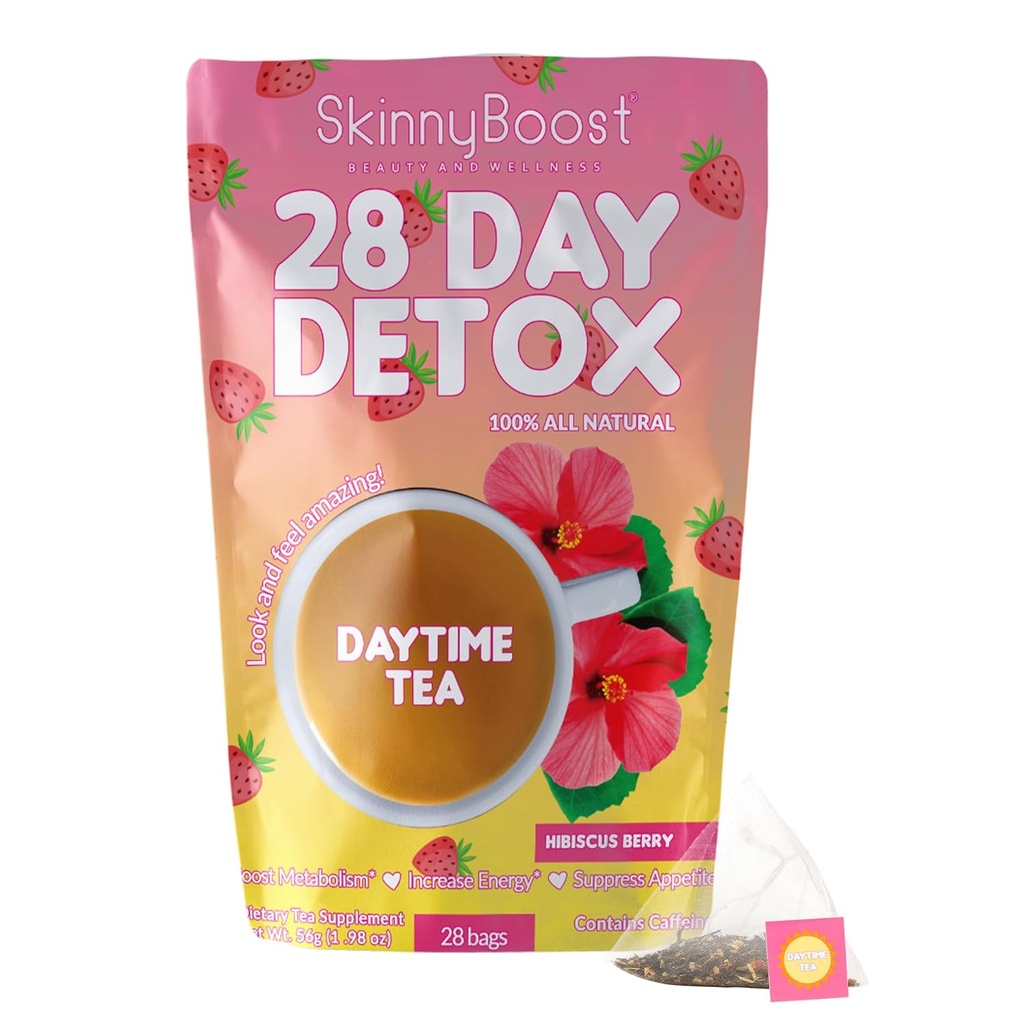 SkinnyBoost 28 Day Detox Daytime Tea -HIBISCUS BERRY (28 Tea Bags) Wsparcie metabolizmu Boost, Detox, Wszystkie naturalne, Nie GMO, Wegan, Keto Friendly