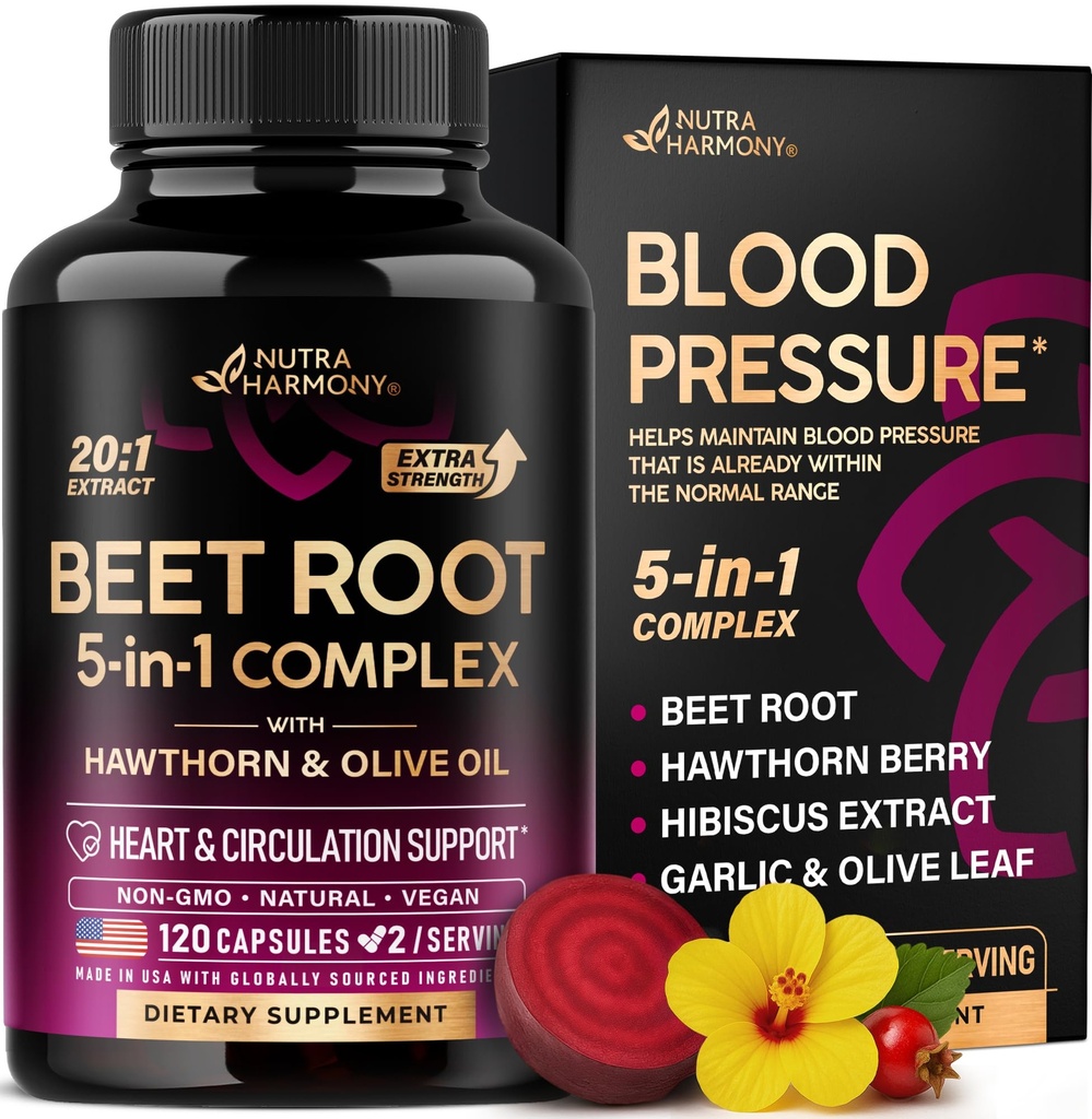 Beet Root Capsules - Healthy Blood Pressure Support Supplement** for Heart & Circulation Support - with Hawthorn Berry, Hibiscus & Garlic - Nitric Oxide for Energy - Made in USA, 120 Capsules