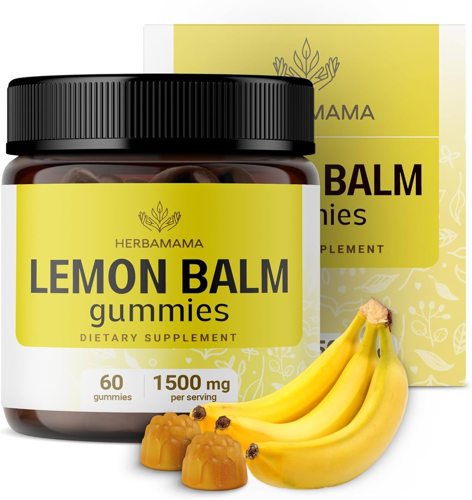 HERBAMAMA Lemon Balm Calming Gummies - 1500mg Lemon Balm Leaf for Relaxation - Vegan Non-GMO Melissa Officinalis συμπλήρωμα - 60 Pectin-based Banana-Flavored Chews