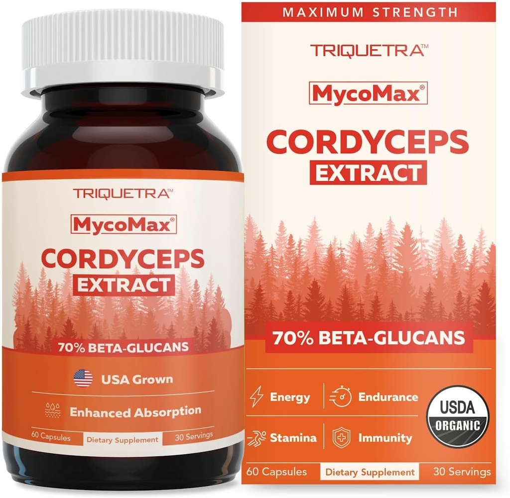 Bio Cordyceps Pilzextrakt - 70% Beta Glucans - Höchste aktive Nährstoff-Level, Max Potency Cordyceps Kapseln, US Grown + Ultraschall-Extraktion - Leistung, Immunität & Energie - 60 Kapseln