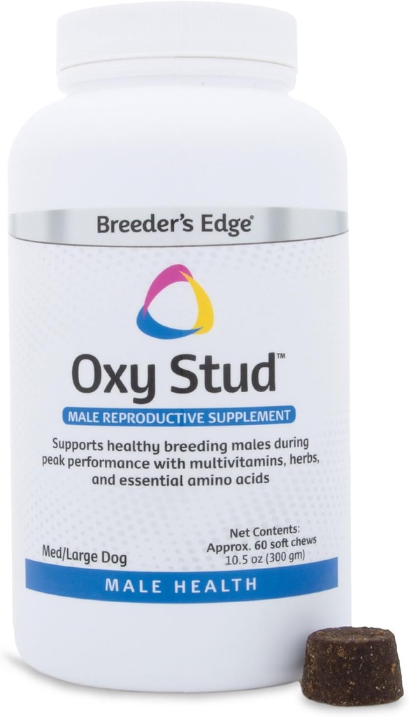 Edge Oxy Stud Soft Chews sunt concepute pentru câini și pisici de sex masculin și ajută la creșterea și nevoile nutriționale specifice pentru sănătatea reproducerii masculine, 60 ct mediu și câine mare