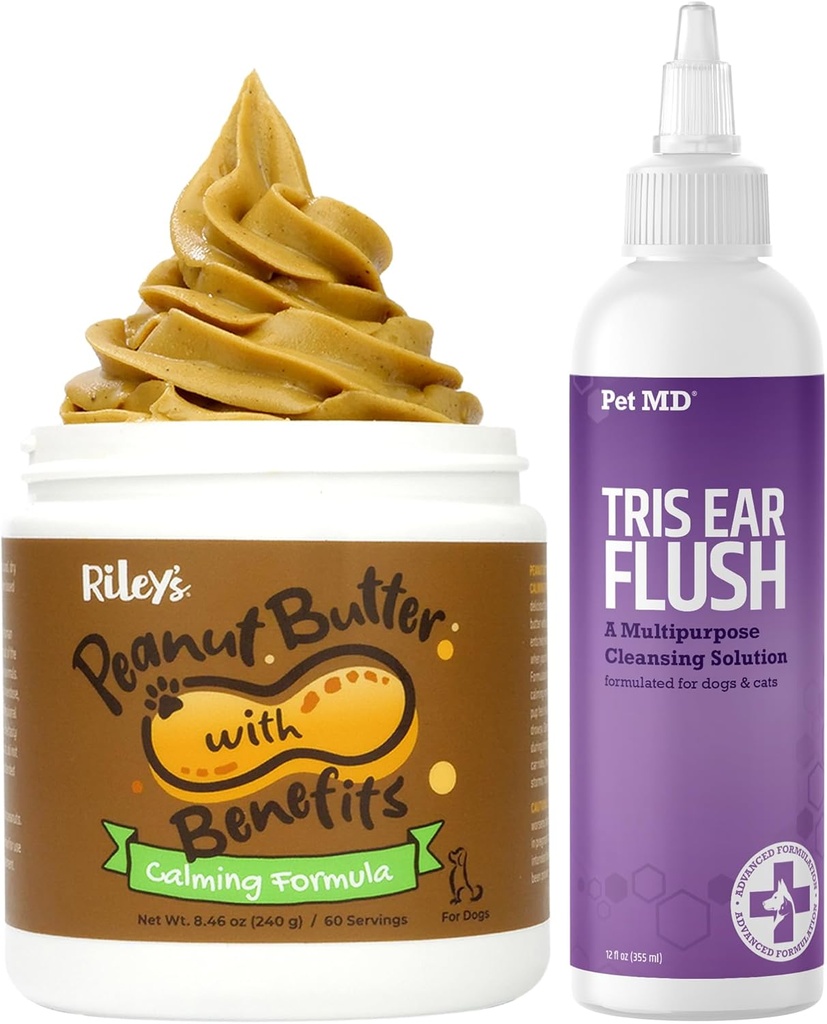 Pet MD Veterinary Tris Ear Flush + Riley calmante mantequilla de maní para perros