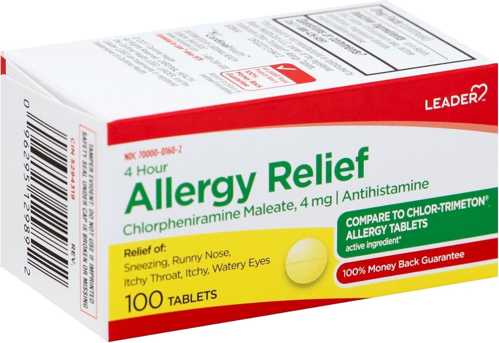 Leider 4 uur Allergie Relief, Chlorpheniramine Maleate 4 mg tabletten, Snelwerkende Relief voor niezen, Runny Neus, Itchy Eyes, Allergieën, 100 tabletten