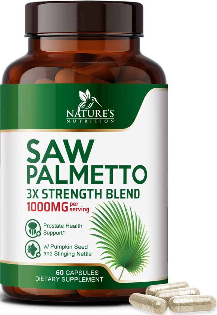 Saw Palmetto for Men - 3X Strength Prostate Health Supplements for Men's Health Support - with Stinging Nettle and Pumpkin Seed Extract - Prostate Urinary & Hair Health Support - 60 Capsules