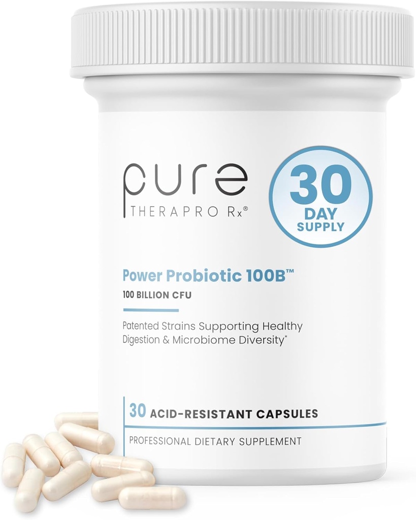 Pure Therapro Rx Power Probiotic 100B | 30 Säurebeständige Kapseln - 1 Monat Versorgung | 4 Proven Strains 100 Billion CFU | Flora Balance & Digestion | NO Refrigeration Erforderlich | Non-GMO | Zero Fillers